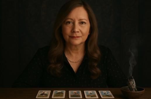 Een spirituele vrouw met heldere blik en lange golvende haren zit aan een lage houten tafel waar een kleurrijke Lenormand kaartlegging voor haar ligt.