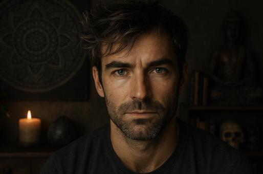 Medium Massimo aan een houten tafel in een spirituele setting. Ervaren paragnost, tarotkaartlegger en energetisch healer gespecialiseerd in zwarte mag