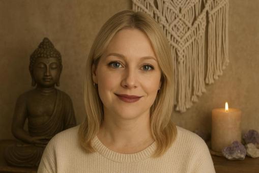 Portret van een blonde vrouw met halflang steil haar en een warme glimlach, zittend in een rustgevende spirituele setting. Ze draagt een cr&#232;mekleurige