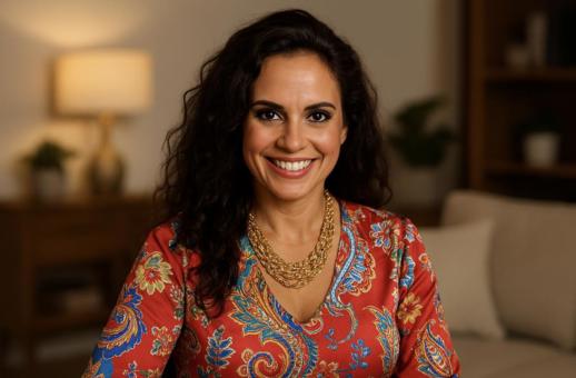 medium Amanda in een serene huiskamer, warm glimlachend en omringd door een rustgevende, spirituele sfeer
