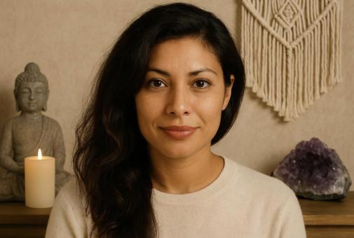 Spiritueel medium Alina met lang donker haar, zachte glimlach en rustgevende uitstraling in een warme setting.