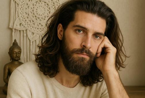 Portret van een spirituele man met halflang golvend donkerbruin haar en een volle baard. Hij draagt een cr&#232;mekleurige trui en kijkt met een rustige, d